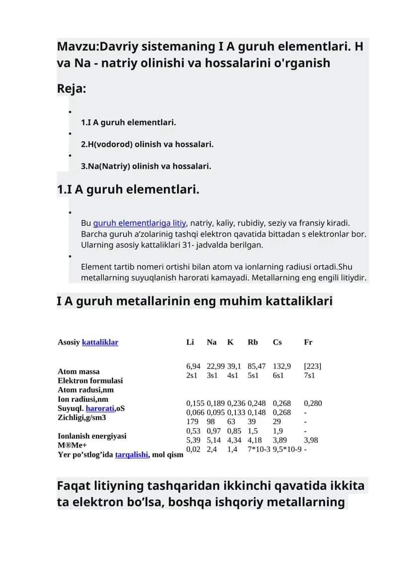 Davriy sistemaning I A guruh elementlari. H va Na - natriy olinishi va hossalarini o'rganish 1