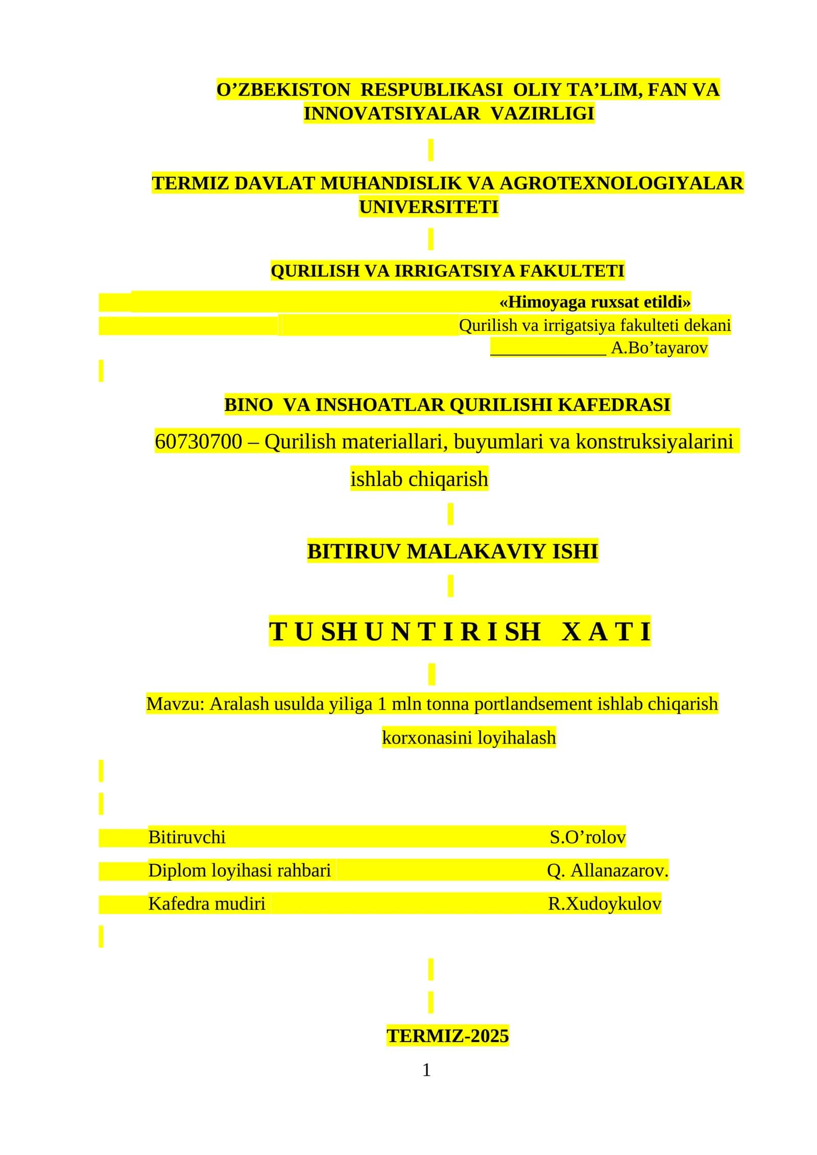 Aralash usulda yiliga 1 mln tonna portlandsement ishlab chiqarish korxonasini loyihalash 1