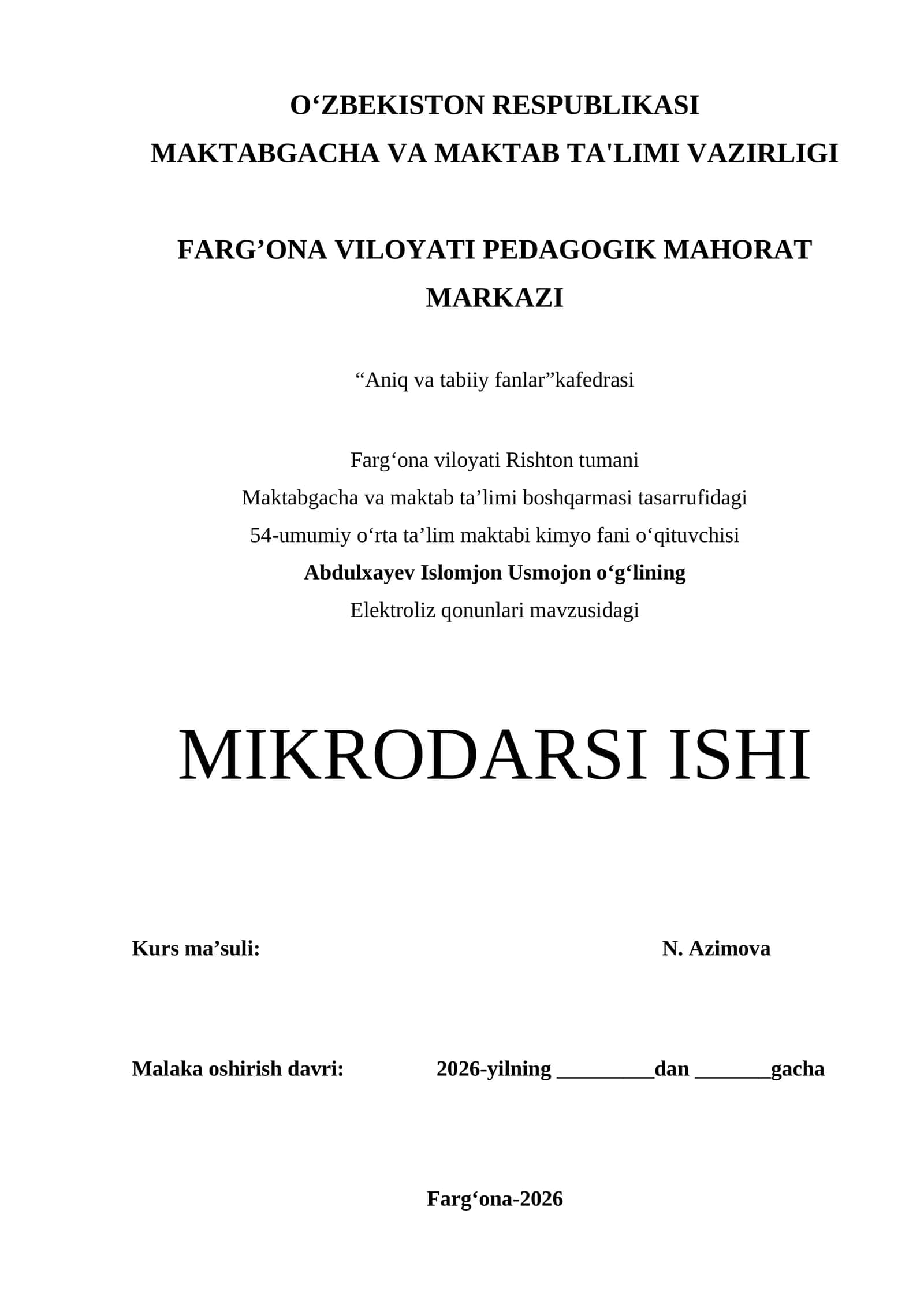 Elektroliz qonunlari mavzusida mikrodars ishlanmasi 1