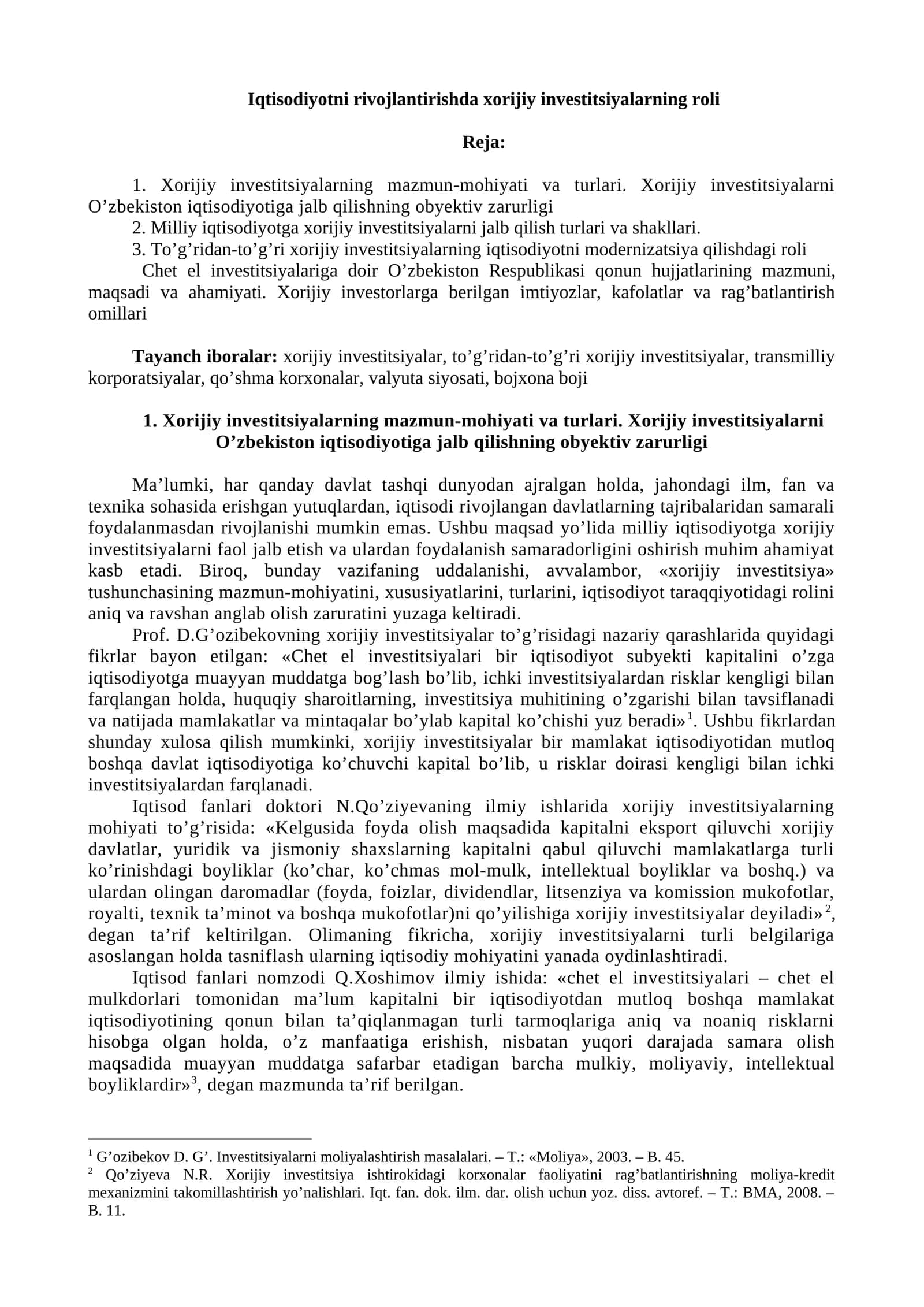 Iqtisodiyotni rivojlantirishda xorijiy investitsiyalarning roli 1