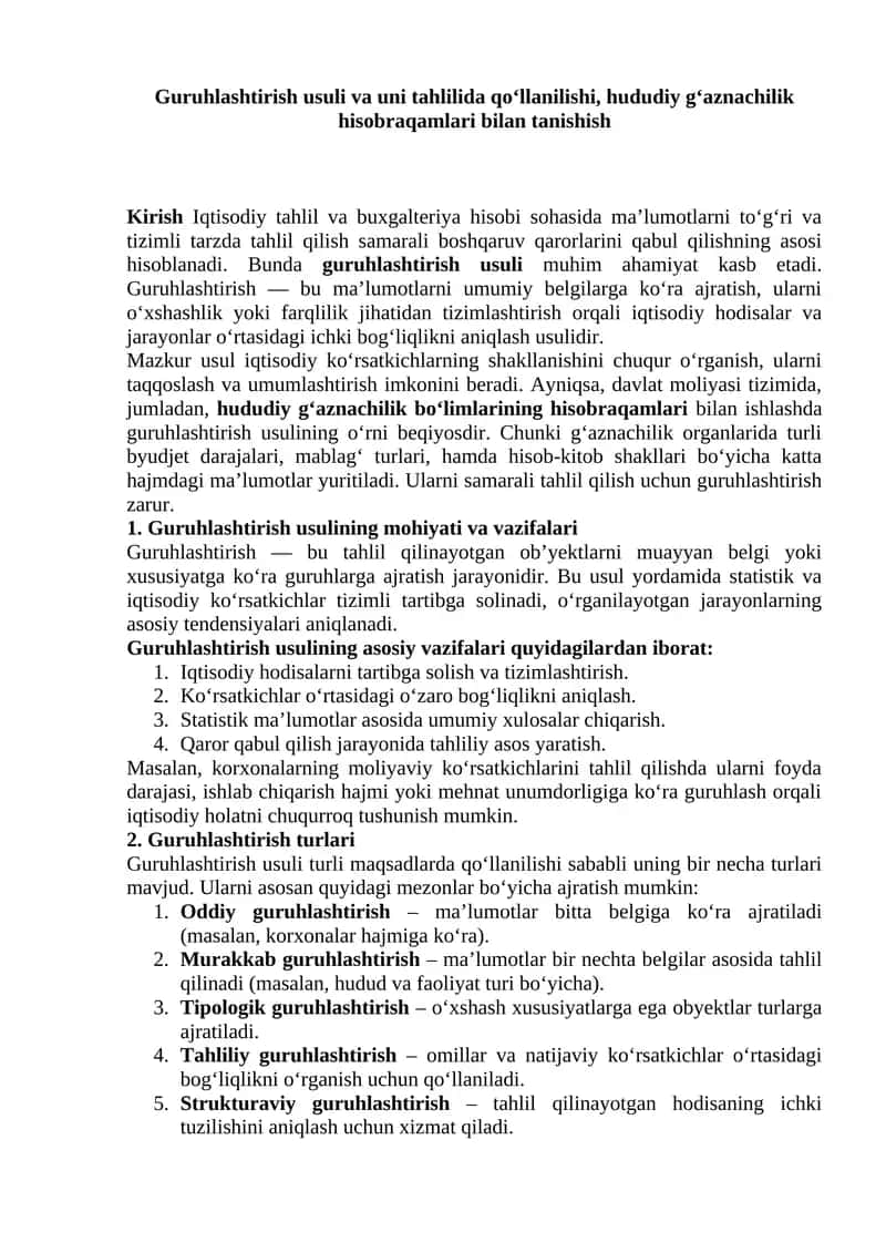 Guruhlashtirish usuli 1