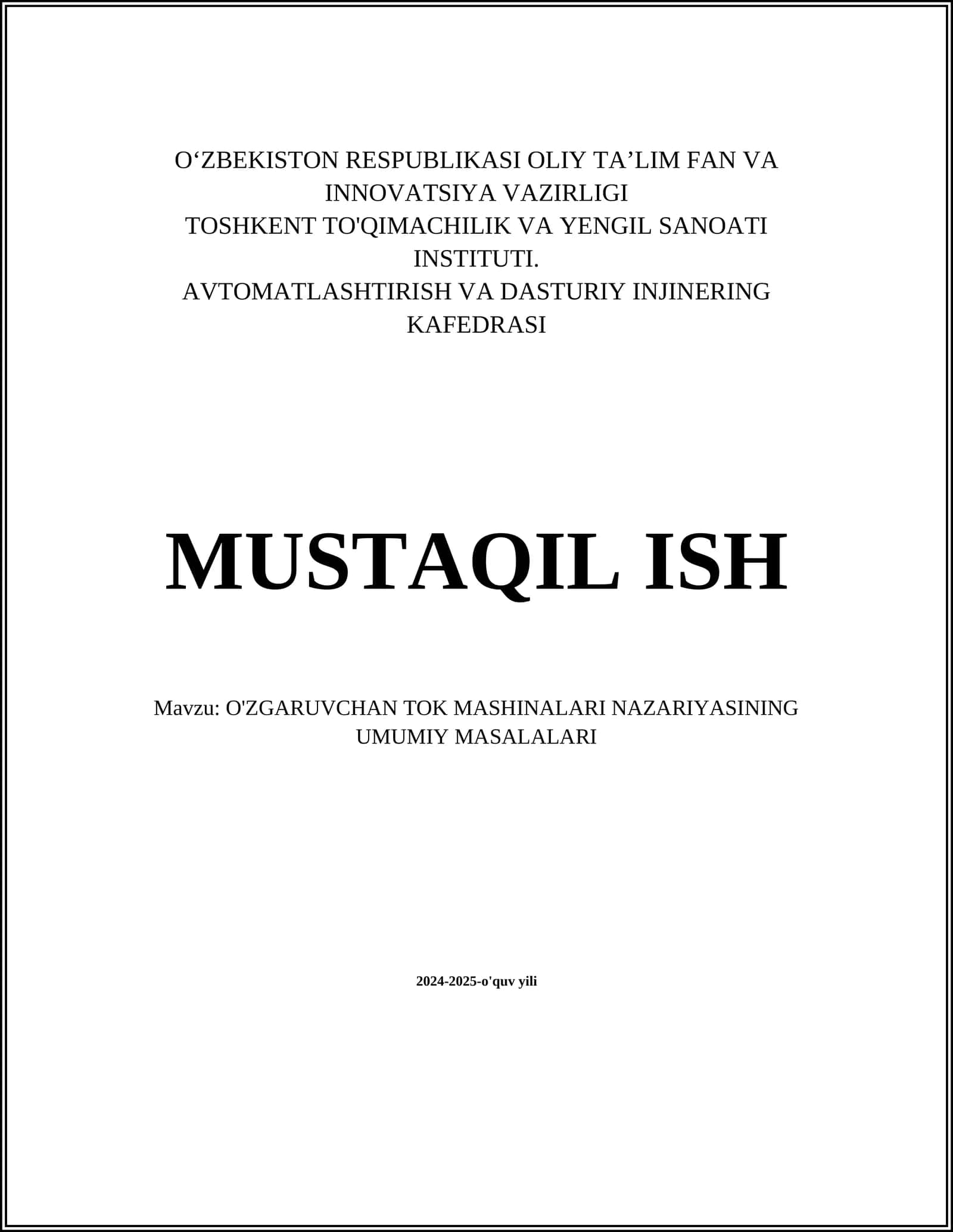 O'ZGARUVCHAN TOK MASHINALARI NAZARIYASINING UMUMIY MASALALARI 1