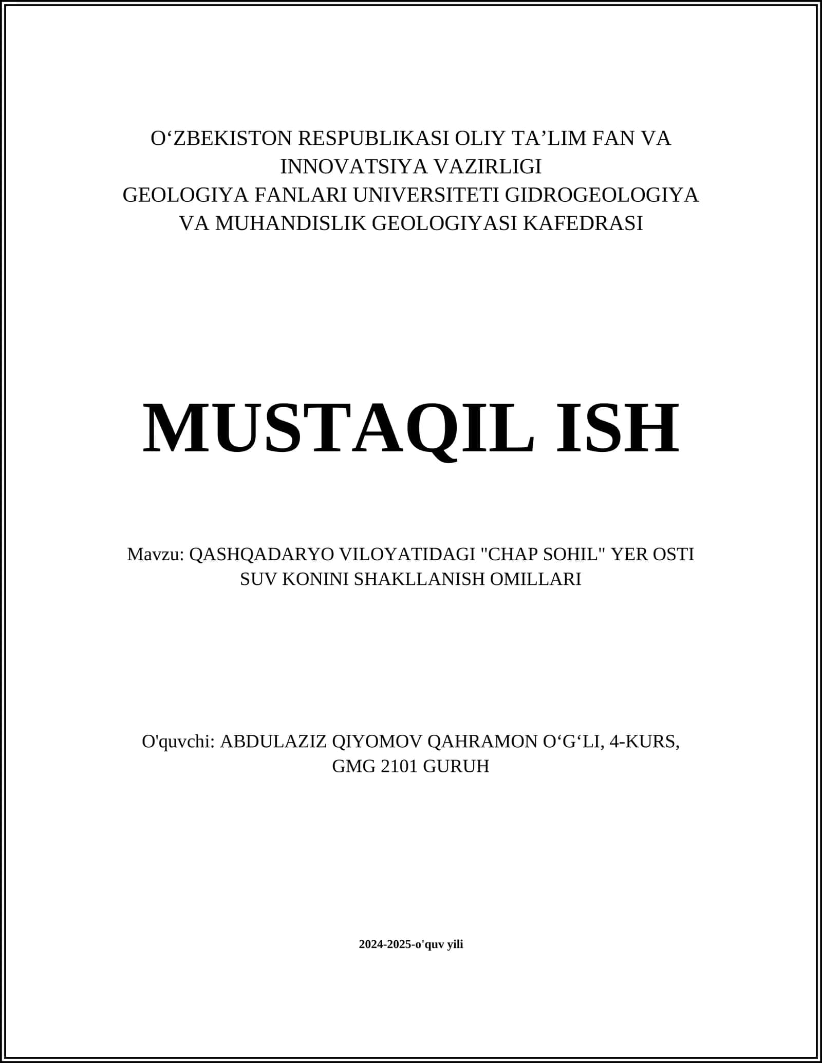 QASHQADARYO VILOYATIDAGI "CHAP SOHIL" YER OSTI SUV KONINI SHAKLLANISH OMILLARI 1