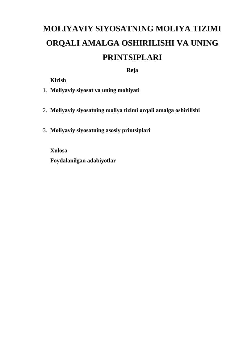 Moliyaviy Siyosatning Moliya Tizimi Orqali Amalga Oshirilishi va Uning Printsiplari 1