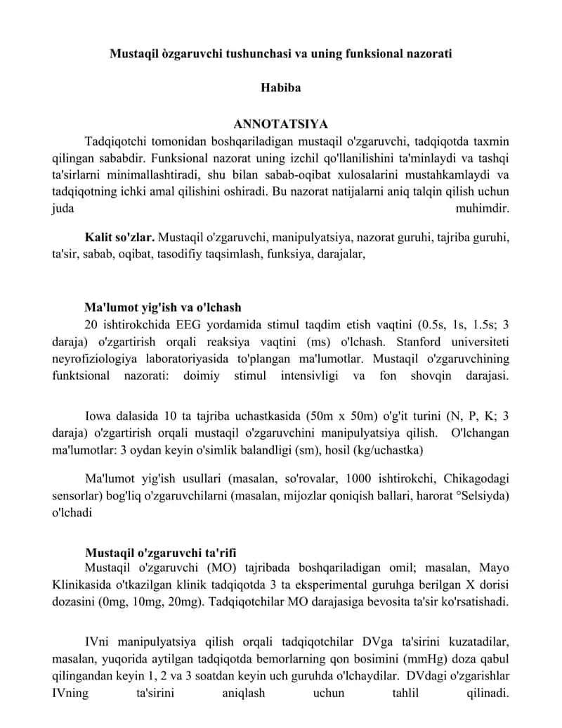 Mustaqil o'zgaruvchi tushunchasi va uning funksional nazorati 1
