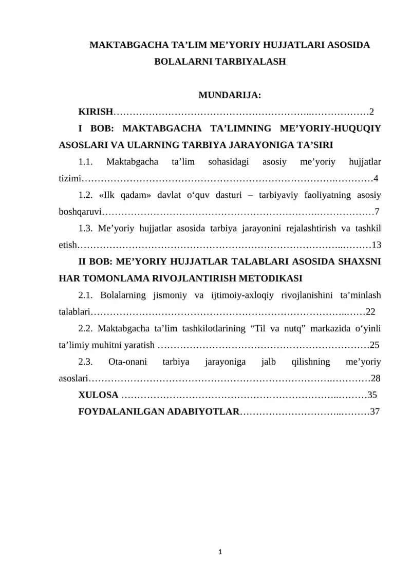 MAKTABGACHA TA’LIM ME’YORIY HUJJATLARI ASOSIDA BOLALARNI TARBIYALASH 1
