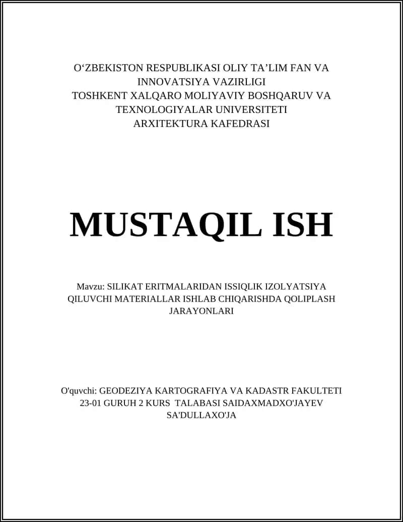 SILIKAT ERITMALARIDAN ISSIQLIK IZOLYATSIYA QILUVCHI MATERIALLAR 1