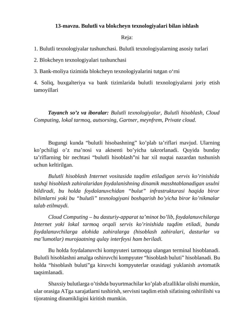 13-mavzu. Bulutli va blokcheyn texnologiyalari bilan ishlash 1