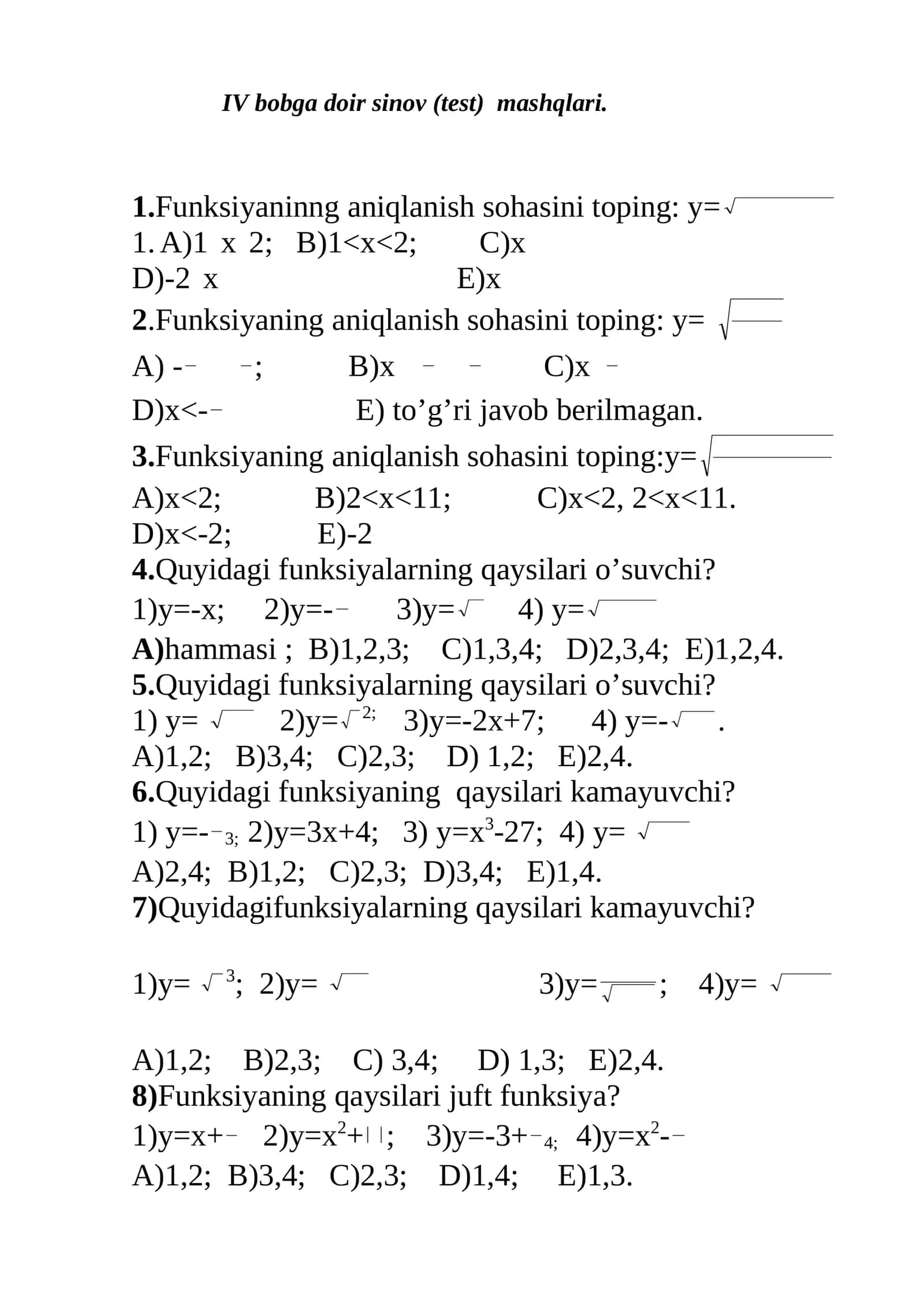 IV bobga doir sinov (test) mashqlari 1