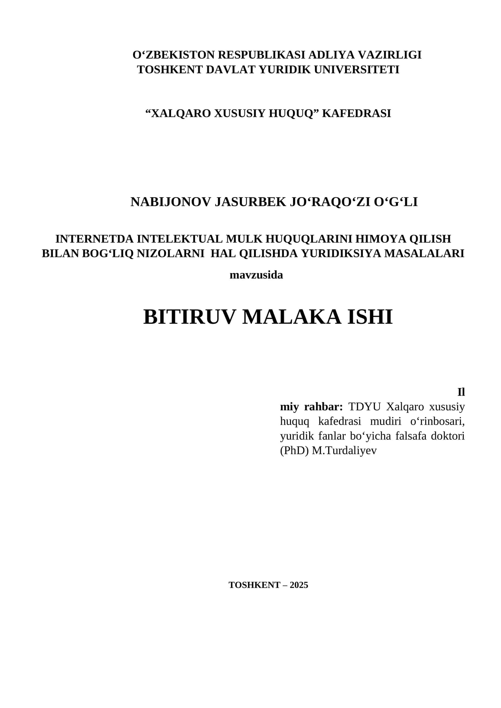 INTELEKTUAL MULK HUQUQLARINI HIMOYA QILISH BILAN BOG‘LIQ NIZOLAR 1
