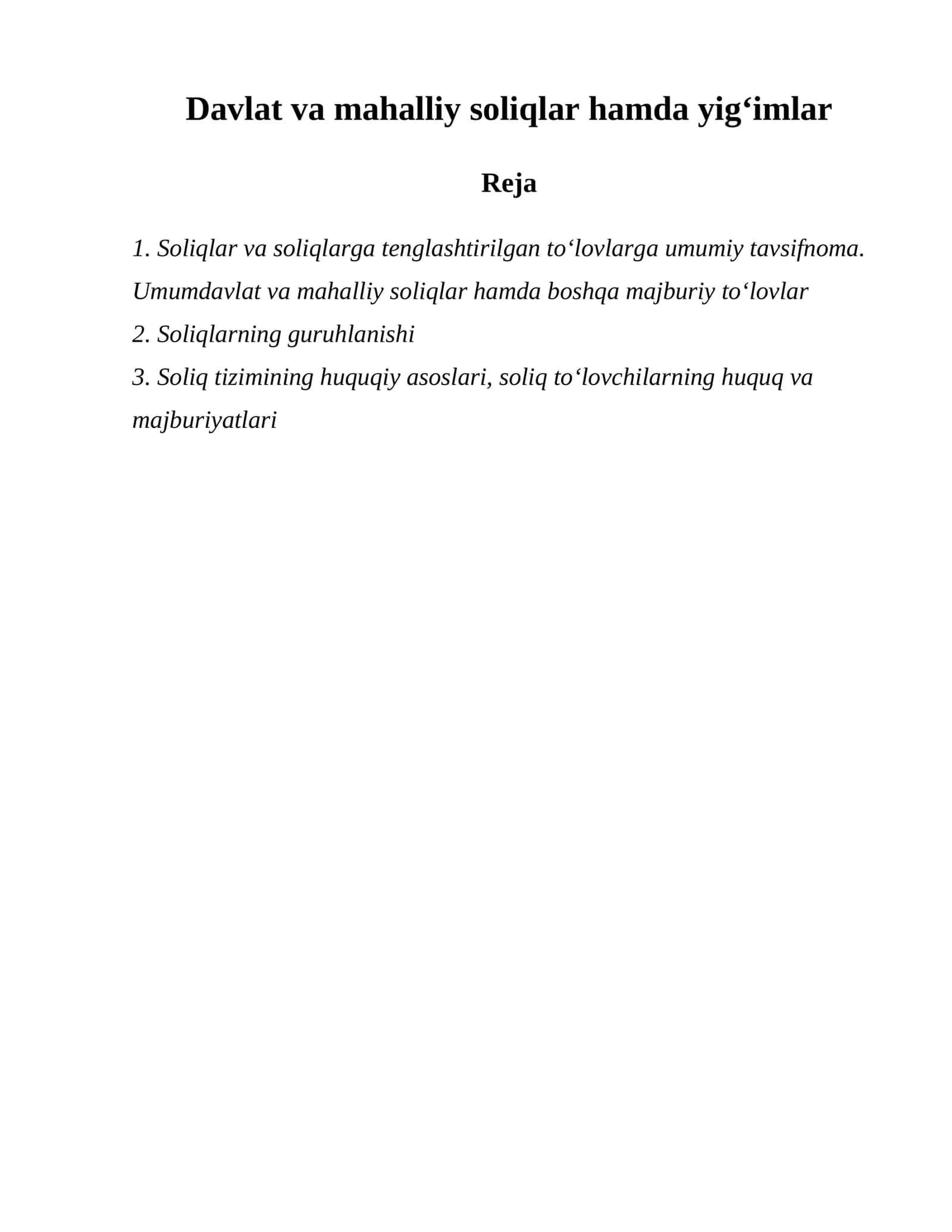 Soliqlar va soliqlarga tenglashtirilgan toʻlovlarga umumiy tavsifnoma 1