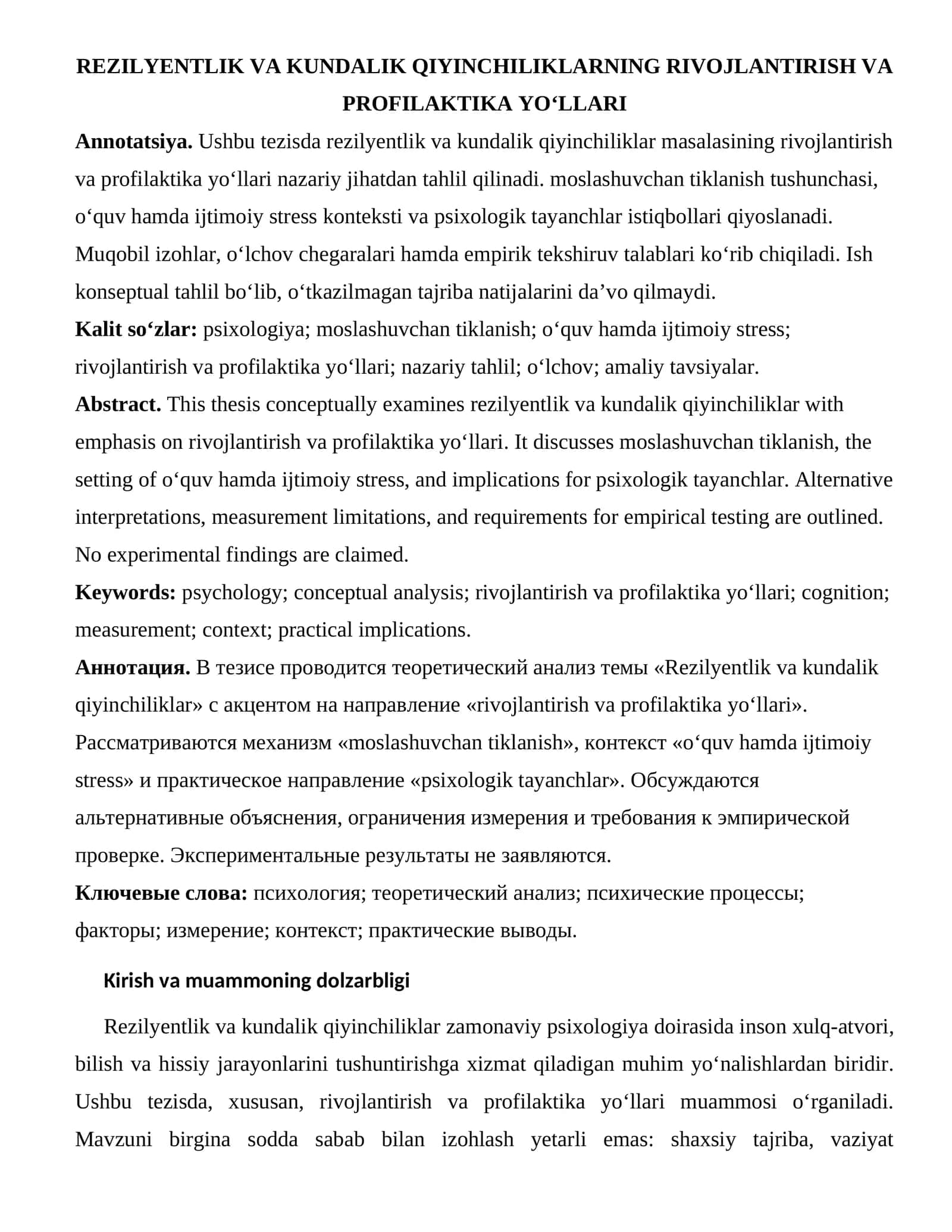 REZILYENTLIK VA KUNDALIK QIYINCHILIKLARNING RIVOJLANTIRISH VA PROFILAKTIKA YO‘LLARI 1