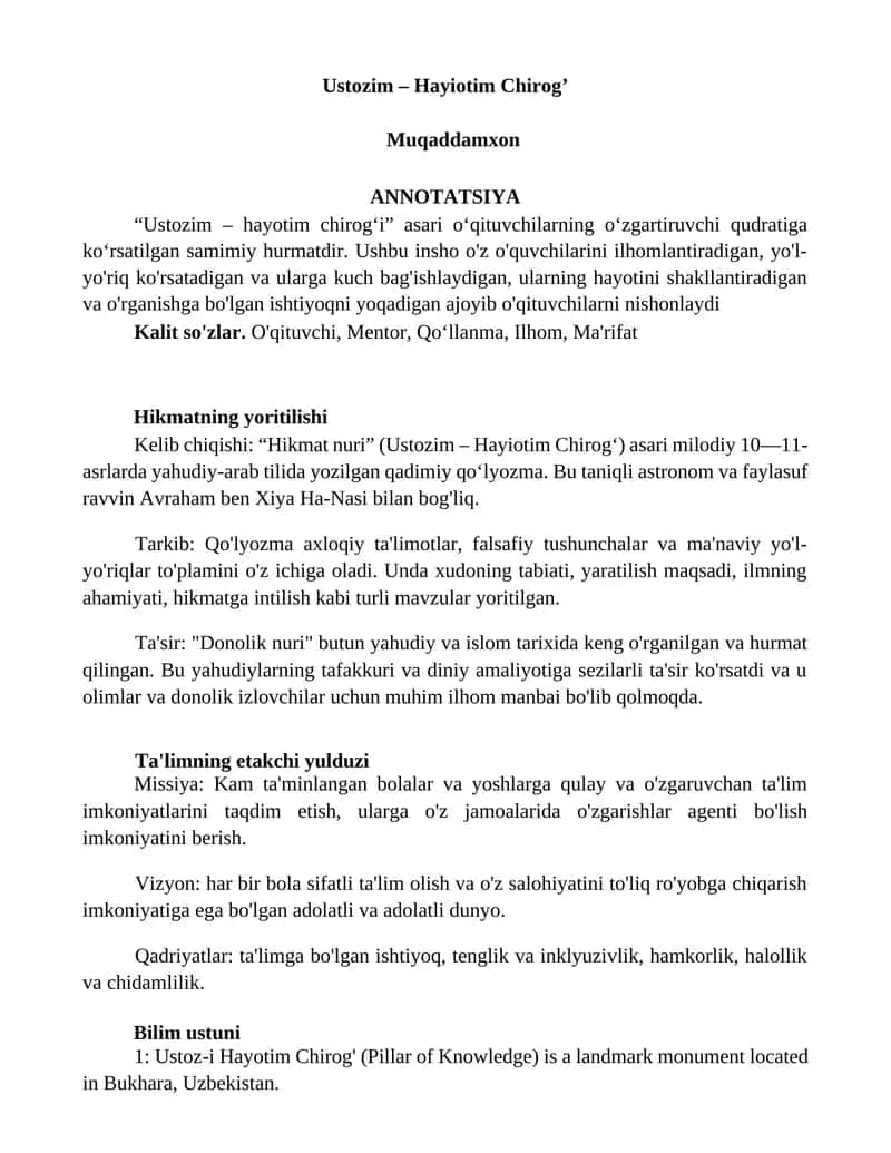 Ustozim – Hayiotim Chirog’ 1