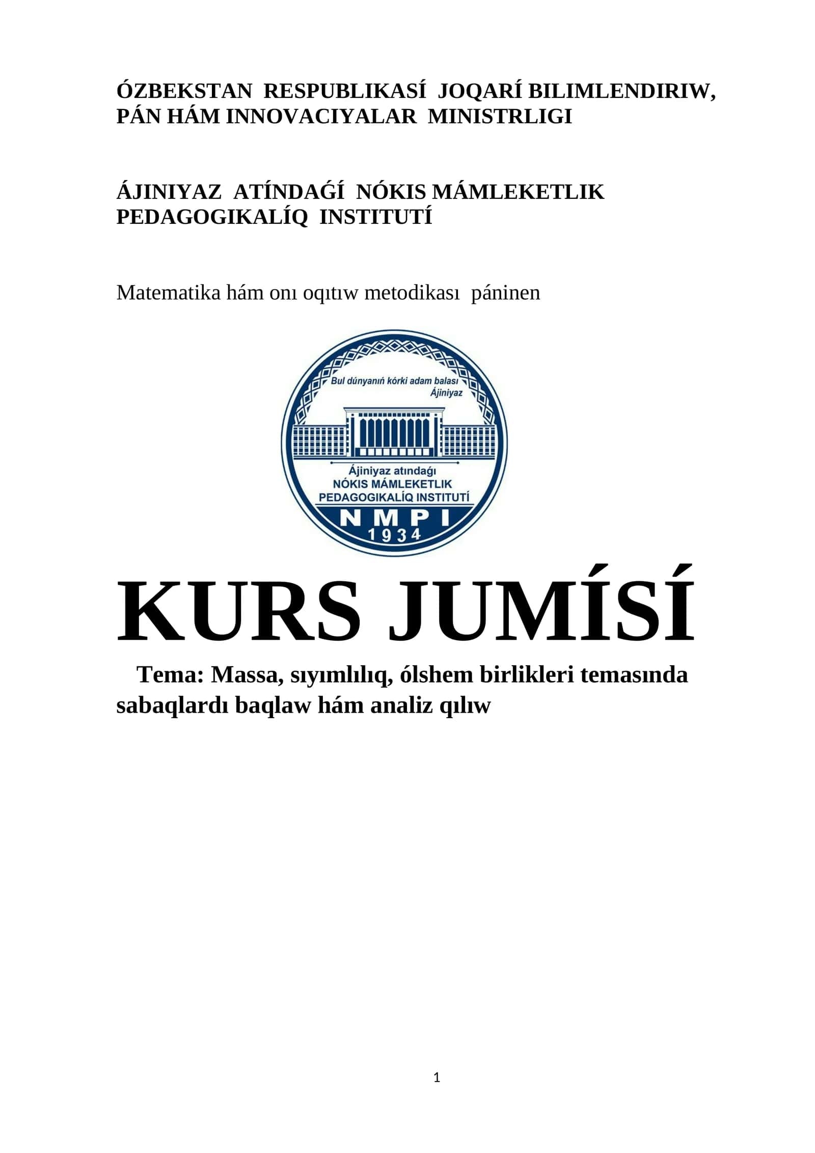 Matematika hám onı oqıtıw metodikası páninen 1