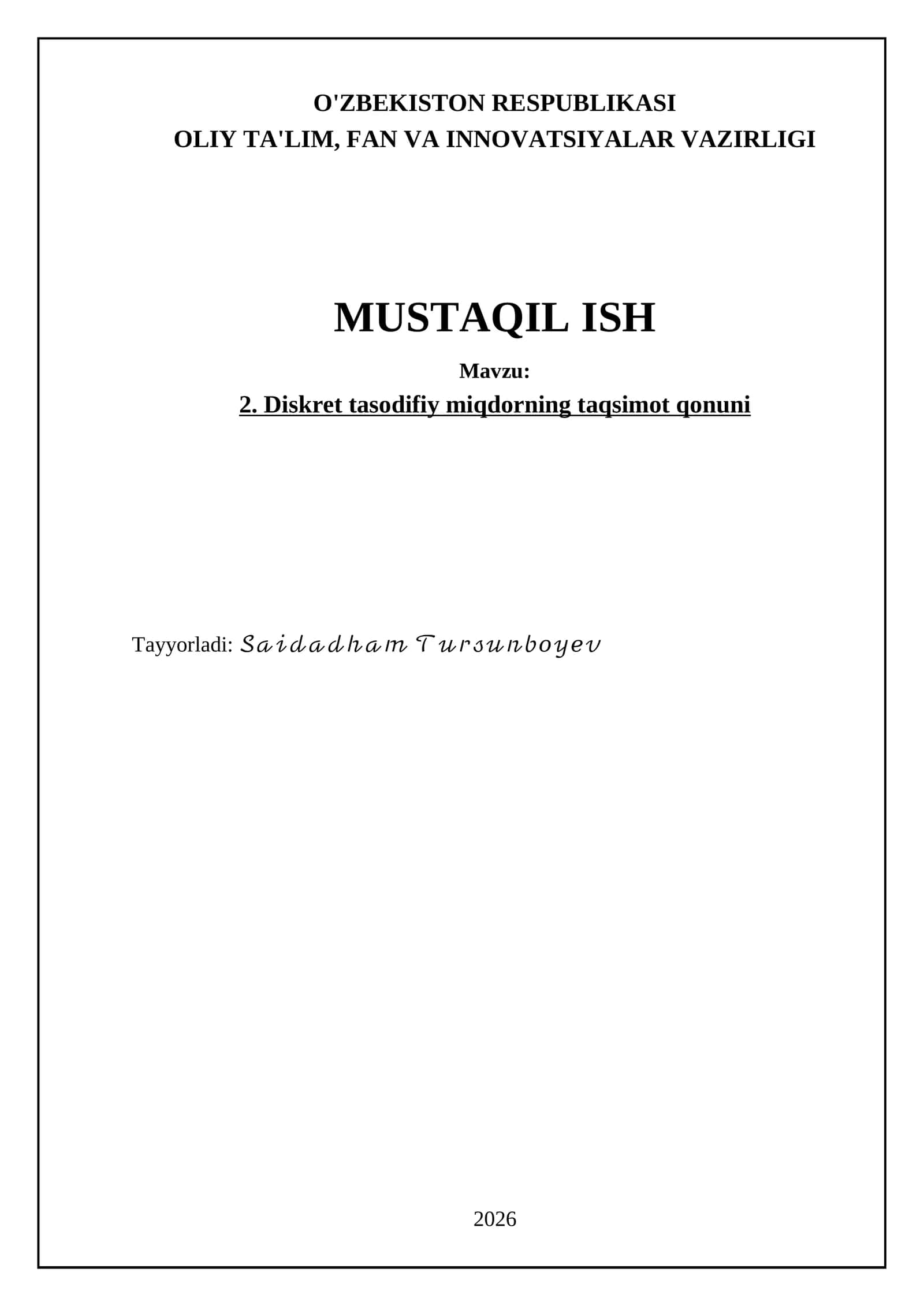 Diskret tasodifiy miqdorning taqsimot qonuni 1