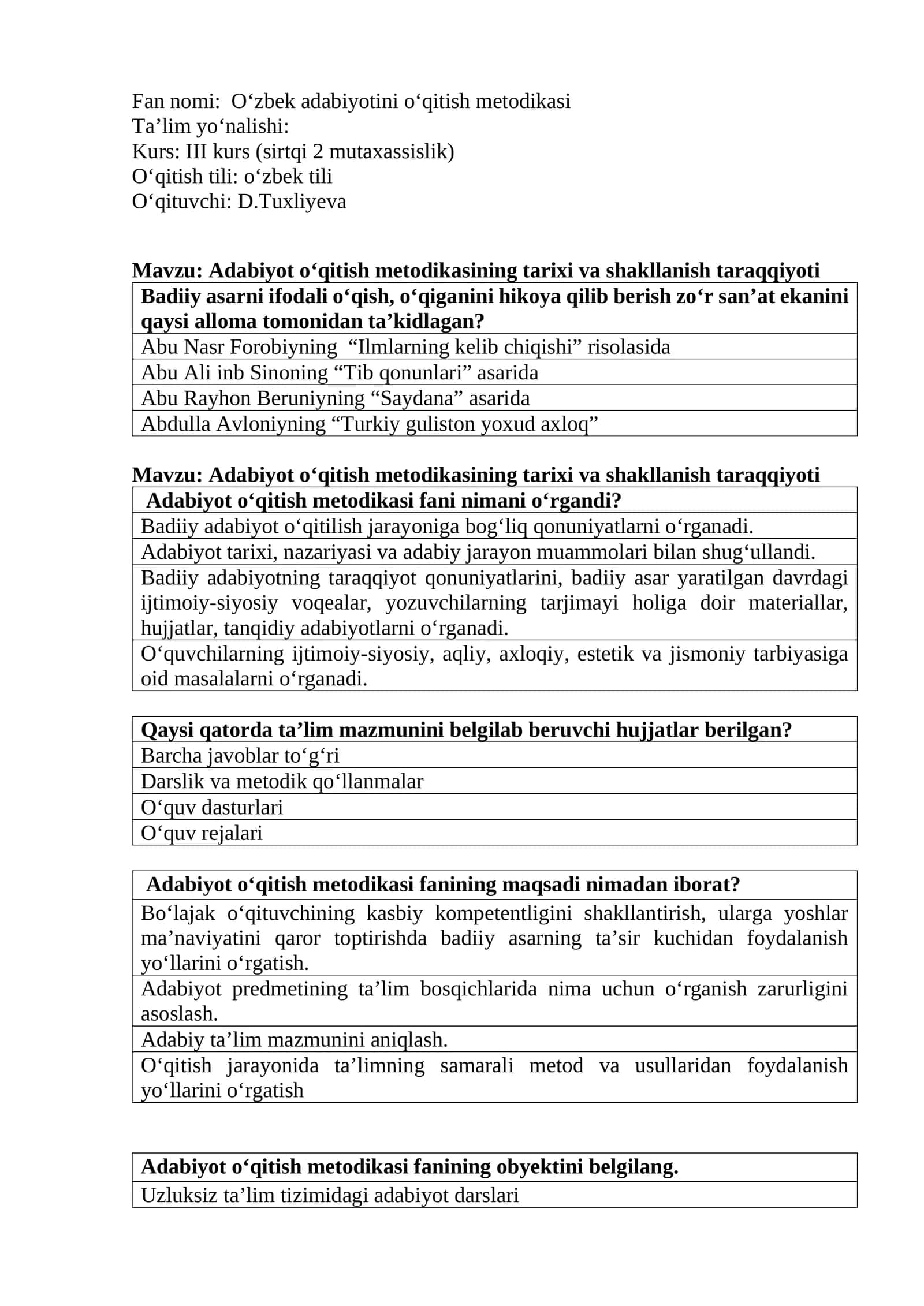 O‘zbek adabiyotini o‘qitish metodikasi 1
