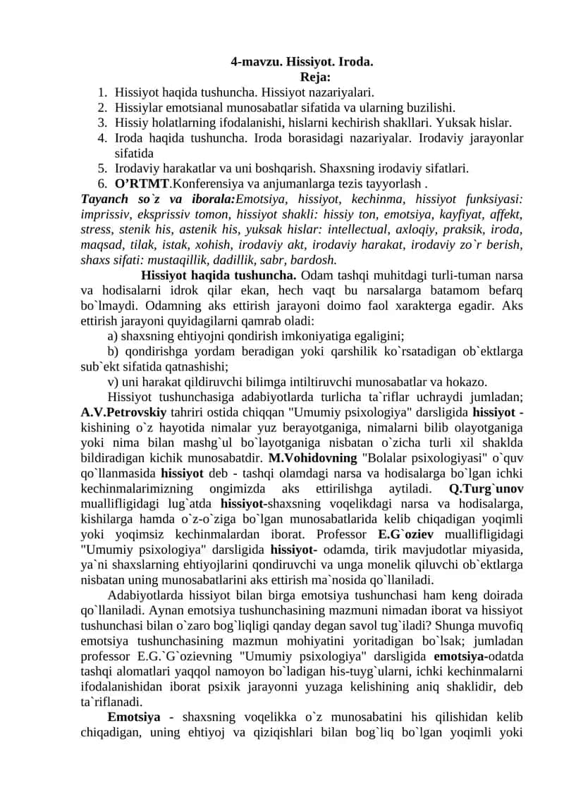 Hissiyot. Iroda. 1