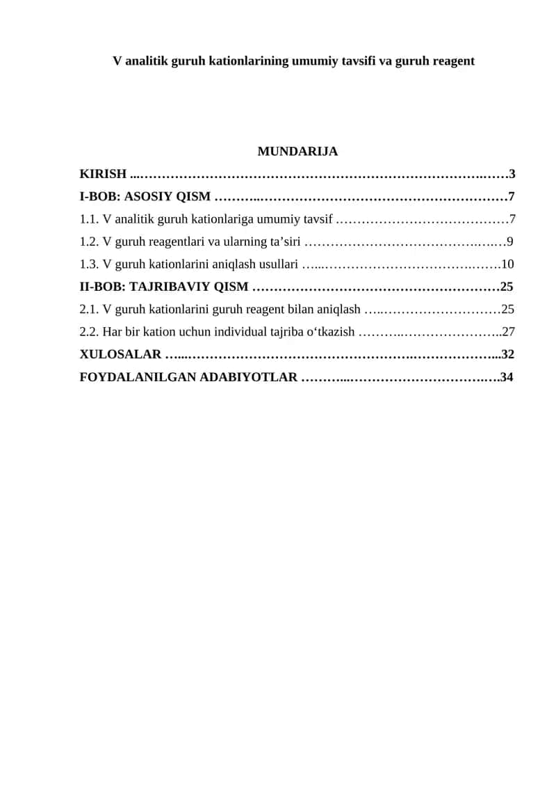 V analitik guruh kationlarining umumiy tavsifi va guruh reagent 1