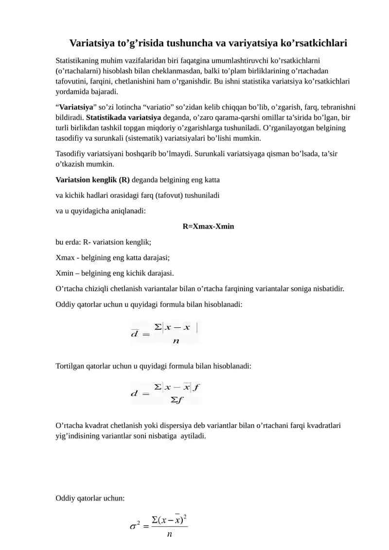 Variatsiya to’g’risida tushuncha va variyatsiya ko’rsatkichlari 1