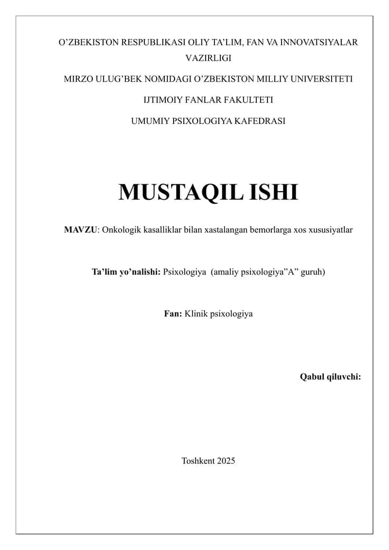 Onkologik kasalliklar bilan xastalangan bemorlarga xos xususiyatlar 1