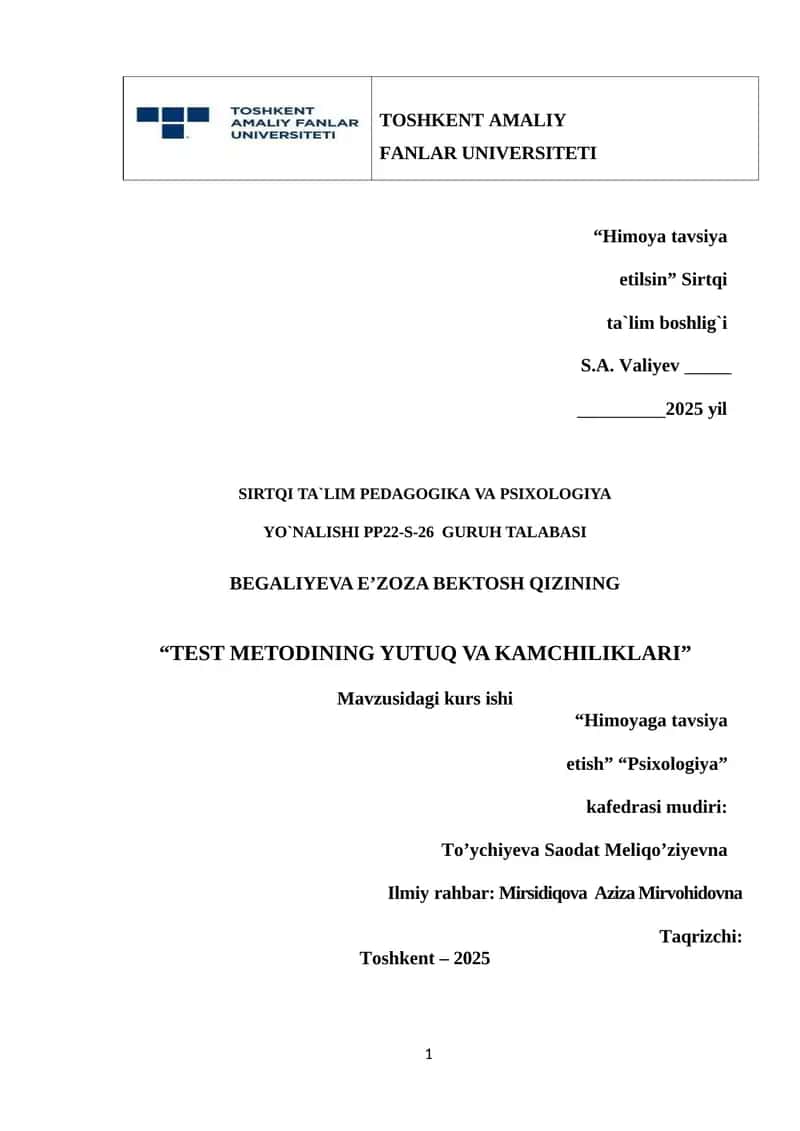 "TEST METODINING YUTUQ VA KAMCHILIKLARI" 1