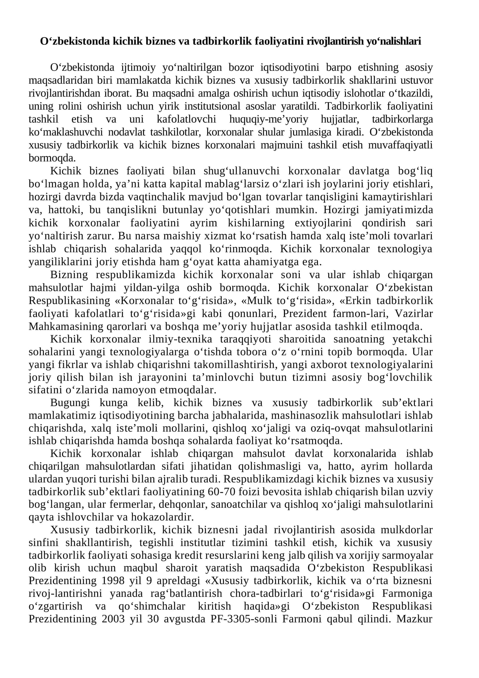 O‘zbekistonda kichik biznes va tadbirkorlik faoliyatini rivojlantirish yo‘nalishlari 1