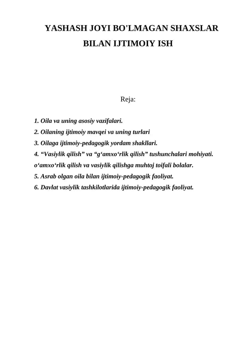 YASHASH JOYI BO'LMAGAN SHAXSLAR BILAN IJTIMOIY ISH 1