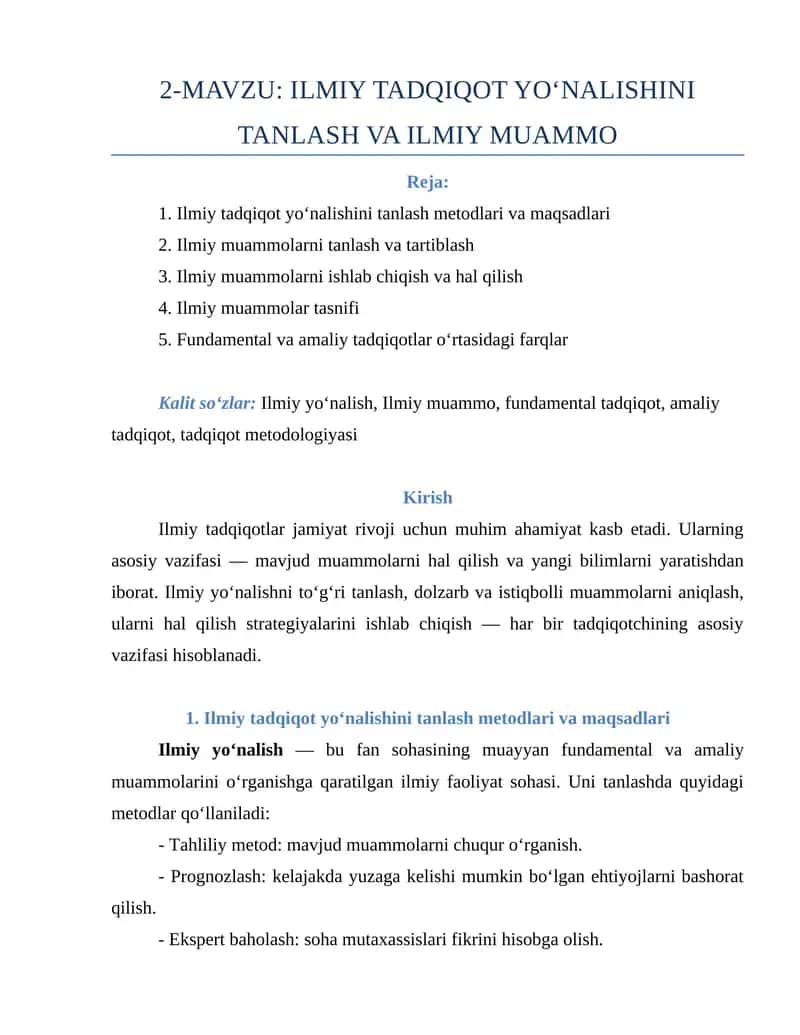 ILMIY TADQIQOT YO‘NALISHINI TANLASH VA ILMIY MUAMMO 1