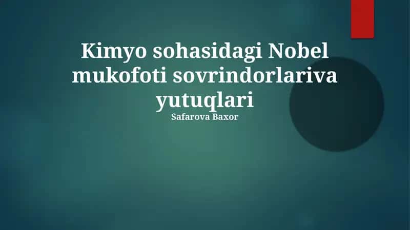 Kimyo sohasidagi Nobel mukofoti sovrindorlariva yutuqlari 1