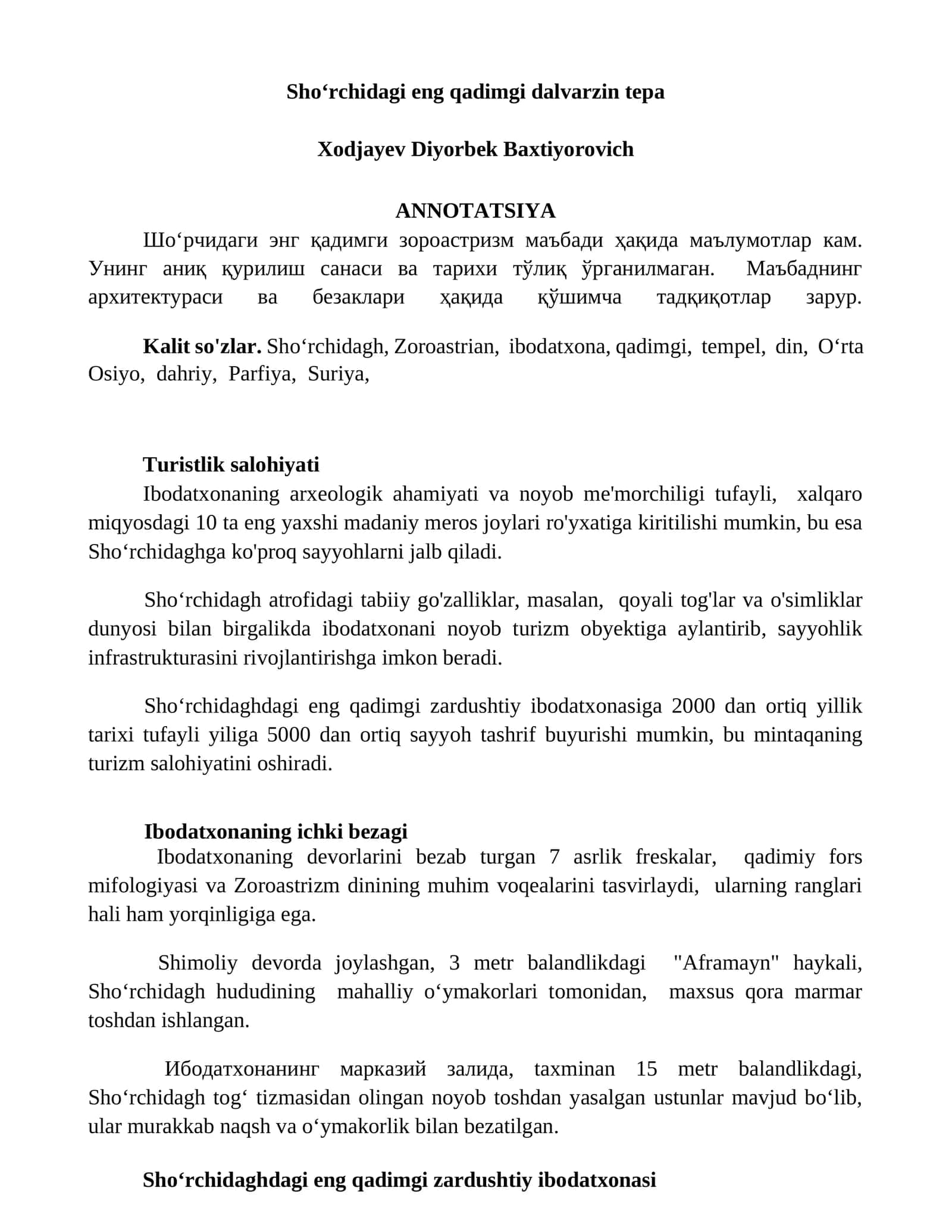 Shoʻrchidagi eng qadimgi dalvarzin tepa 1