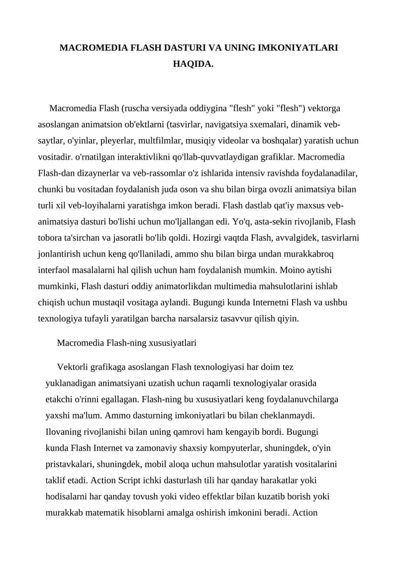 MACROMEDIA FLASH DASTURI VA UNING IMKONIYATLARI 1
