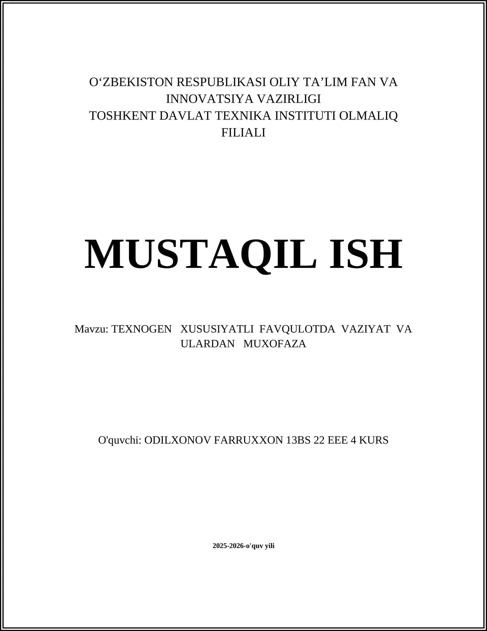 TEXNOGEN XUSUSIYATLI FAVQULOTDA VAZIYAT VA ULARDAN MUXOFAZA 1