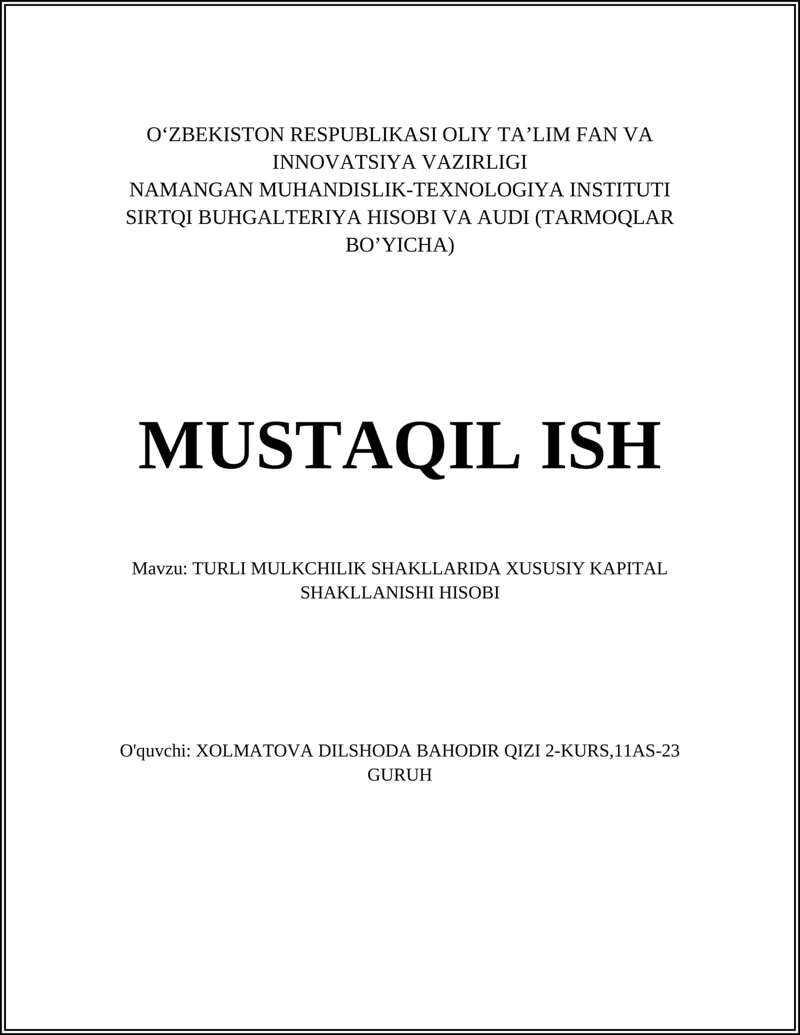 TURLI MULKCHILIK SHAKLLARIDA XUSUSIY KAPITAL SHAKLLANISHI HISOBI 1