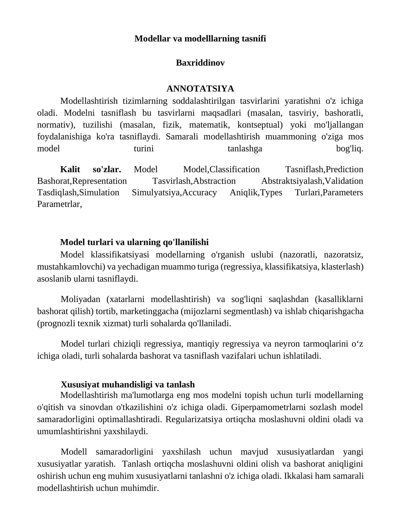 Modellar va modelllarning tasnifi 1