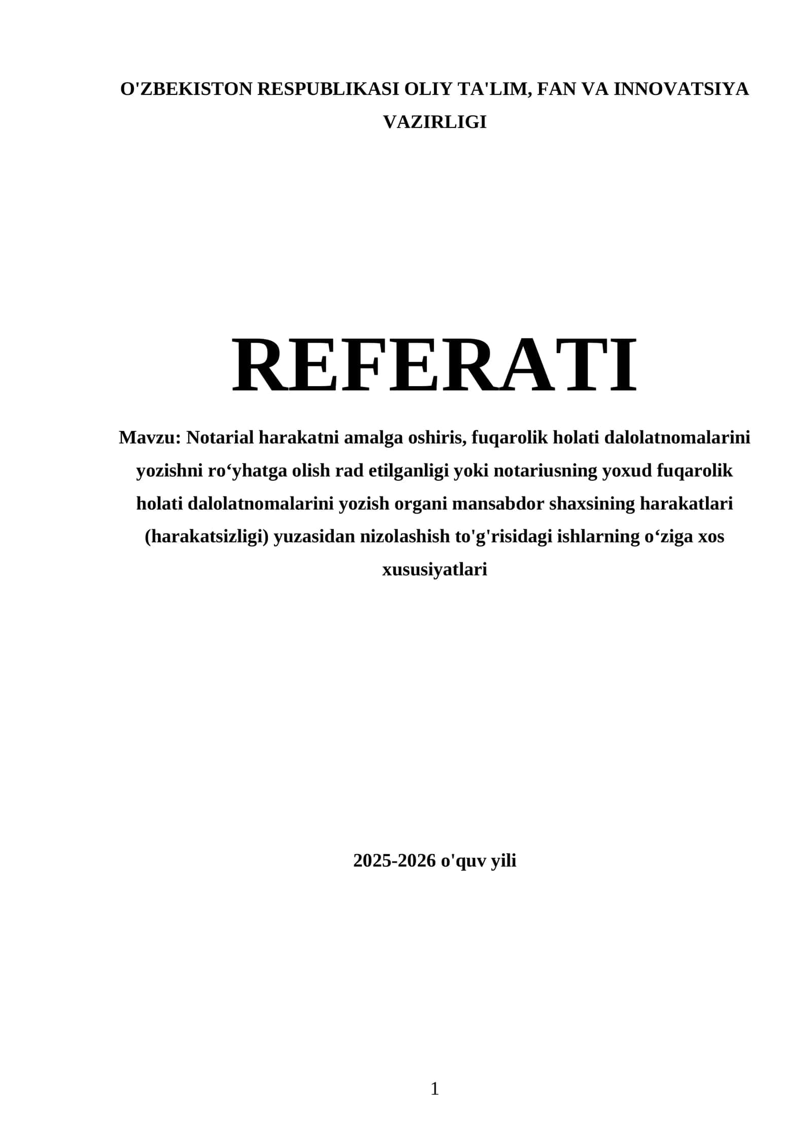 Notarial harakatni amalga oshiris, fuqarolik holati dalolatnomalarini yozishni roʻyhatga olish rad etilganligi yoki notariusning yoxud fuqarolik holati dalolatnomalarini yozish organi mansabdor shaxsining harakatlari (harakatsizligi) yuzasidan nizolashish to'g'risidagi ishlarning oʻziga xos xususiyatlari 1