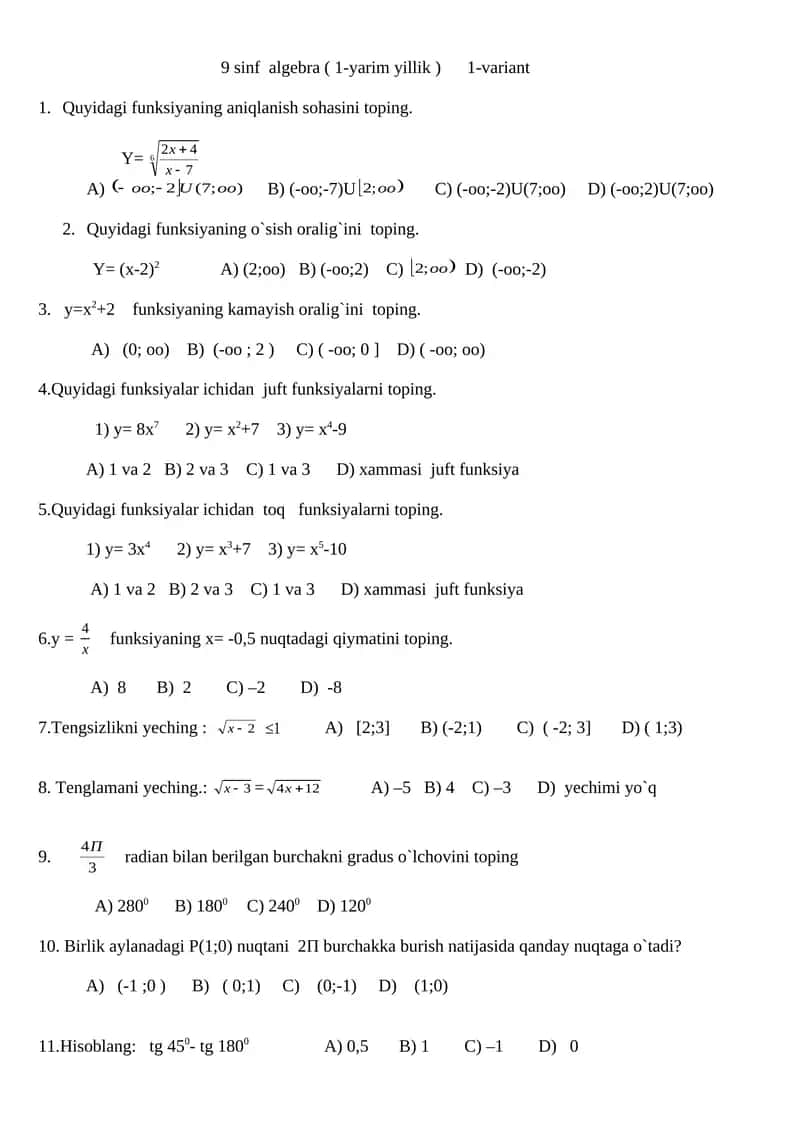 9 sinf algebra ( 1-yarim yillik ) 1-variant 1