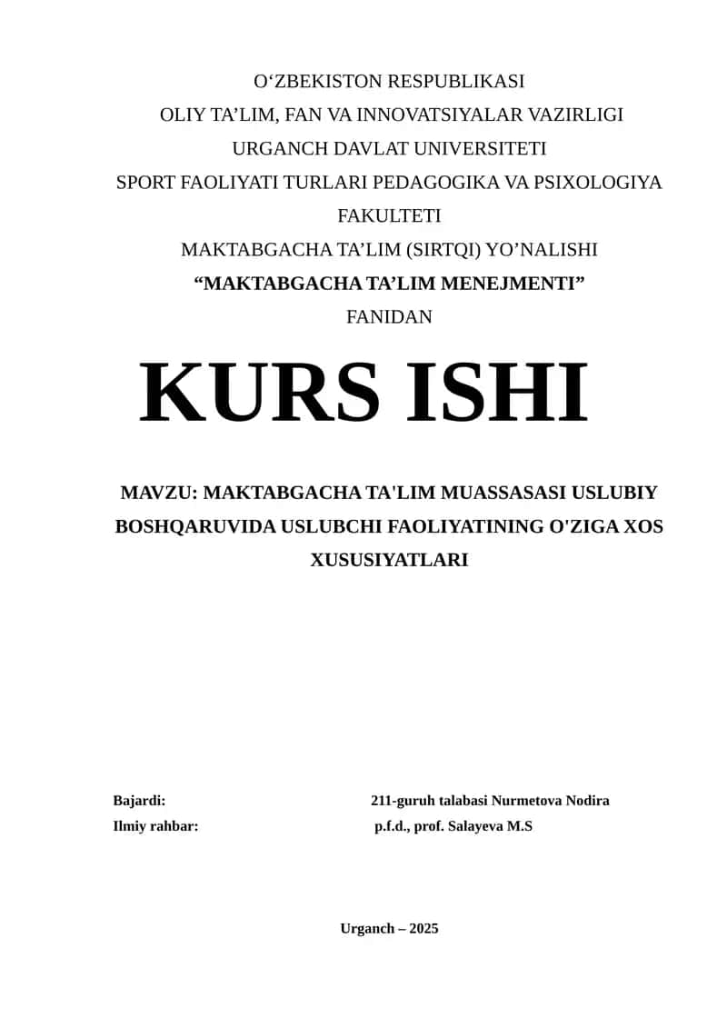 MAKTABGACHA TA'LIM MUASSASASI USLUBIY BOSHQARUVIDA USLUBCHI FAOLIYATINING O'ZIGA XOS XUSUSIYATLARI 1