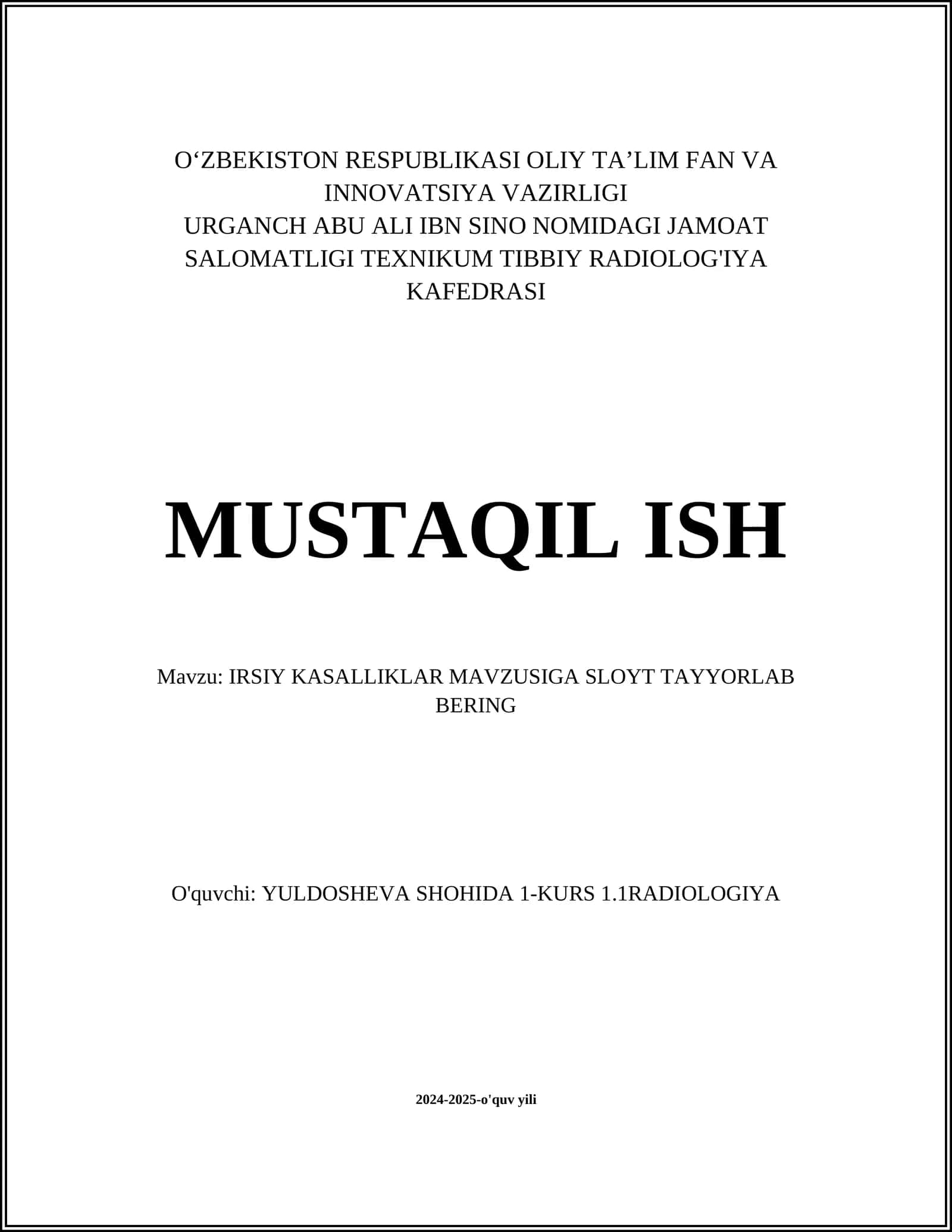 IRSIY KASALLIKLAR MAVZUSIGA SLOYT TAYYORLAB BERING 1