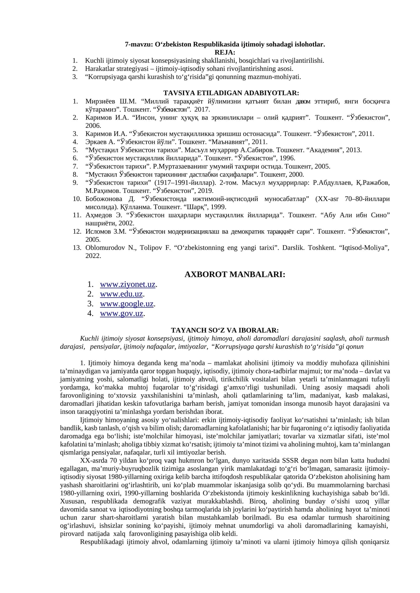 O‘zbekiston Respublikasida ijtimoiy sohadagi islohotlar 1