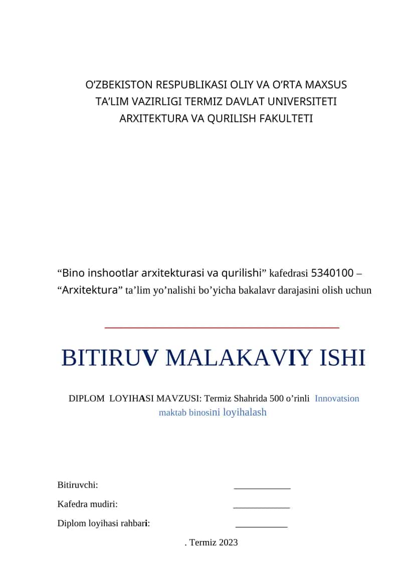 Termiz Shahrida 500 o’rinli  Innovatsion  maktab binosini loyihalash 1