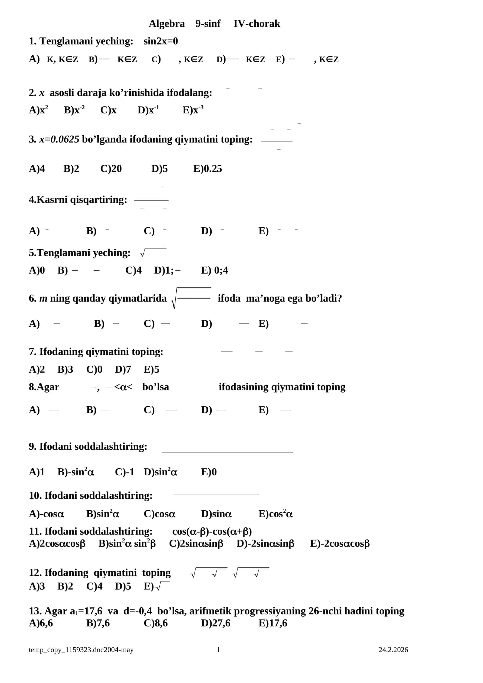Algebra 9-sinf IV-chorak 1