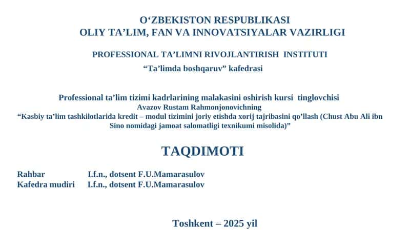 Kasbiy ta’lim tashkilotlarida kredit – modul tizimini joriy etishda xorij tajribasini qo’llash 1