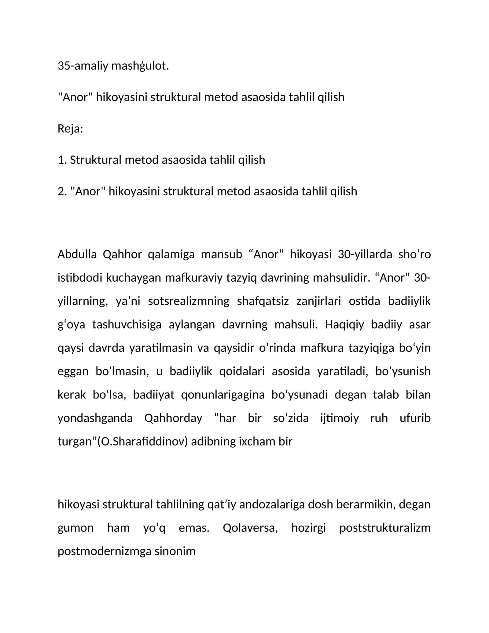 "Anor" hikoyasi tahlil 1