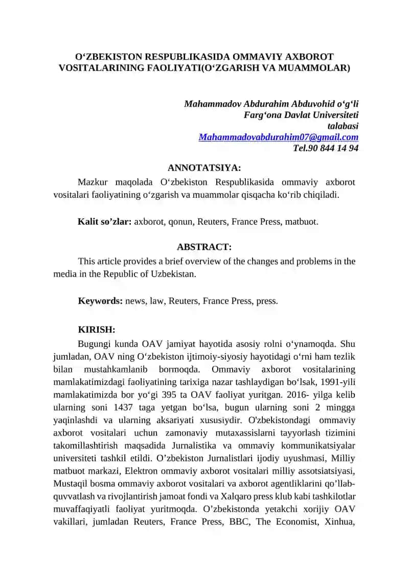 Ommaviy axborot vositalari faoliyati(O‘zgarish va muammolar)
