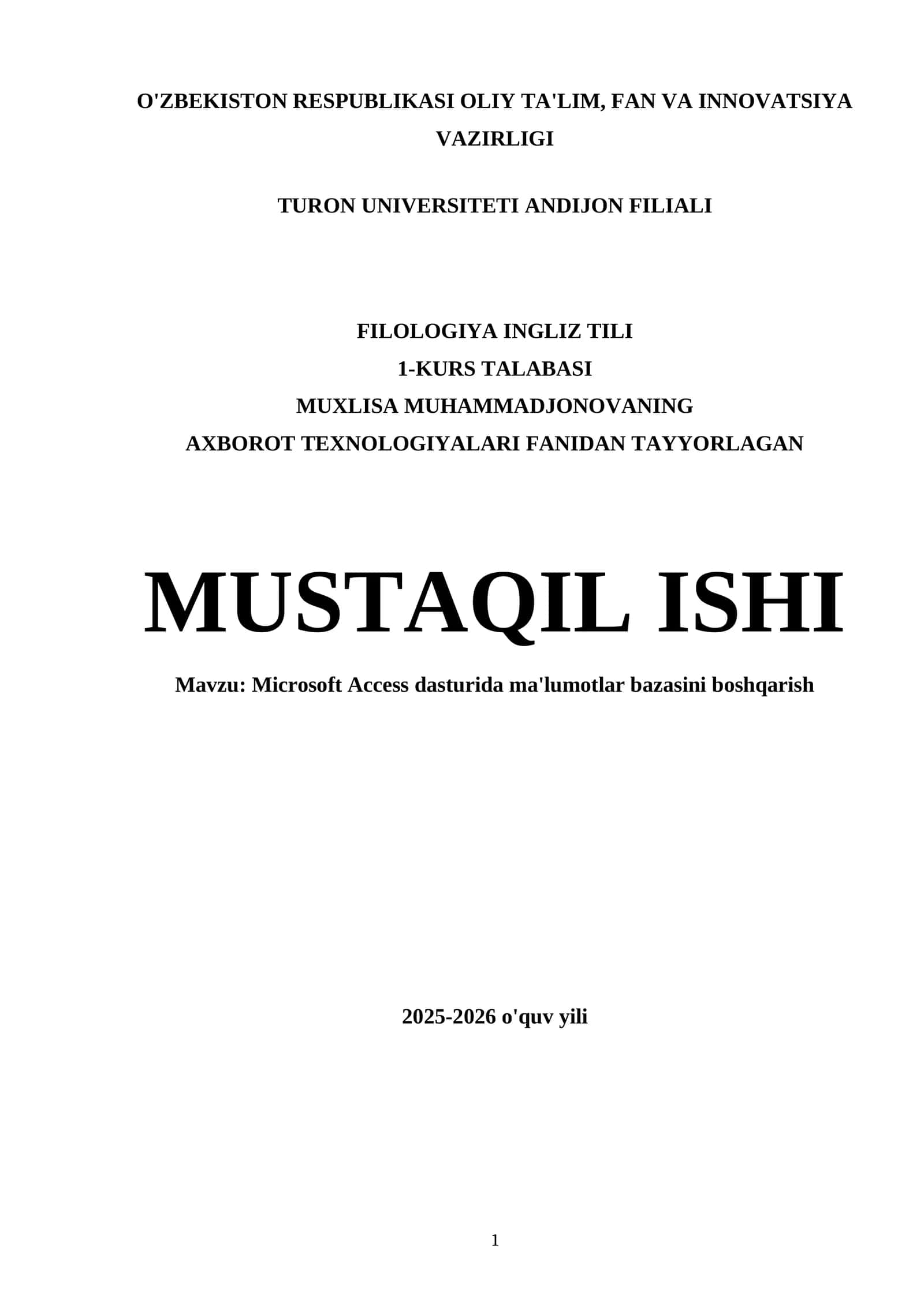 Mavzu: Microsoft Access dasturida ma'lumotlar bazasini boshqarish 1