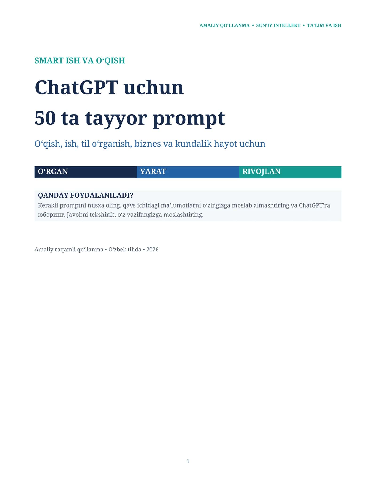 ChatGPT uchun 50 ta tayyor prompt — O‘zbek tilida 1