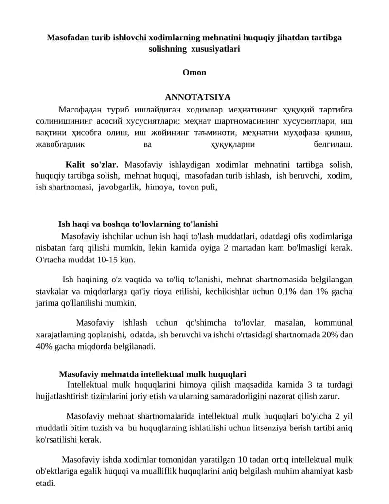Masofadan turib ishlovchi xodimlarning mehnatini huquqiy jihatdan tartibga solishning xususiyatlari 1