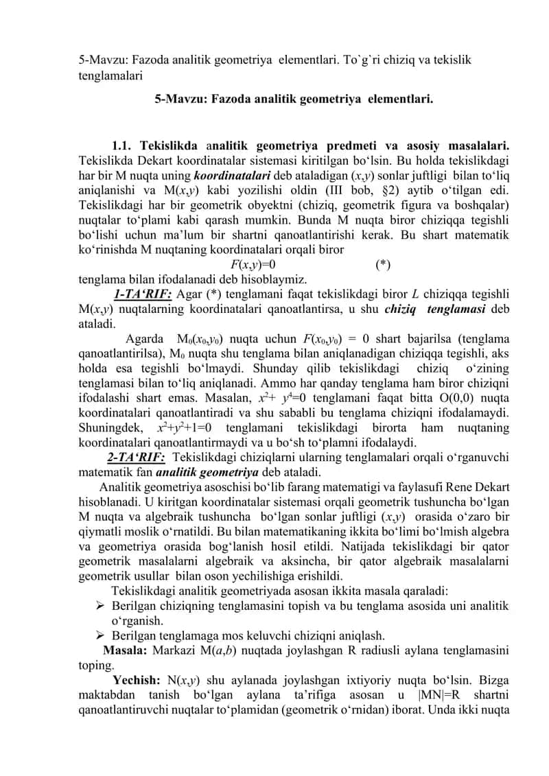 Fazoda analitik geometriya  elementlari. To`g`ri chiziq va tekislik tenglamalari 1