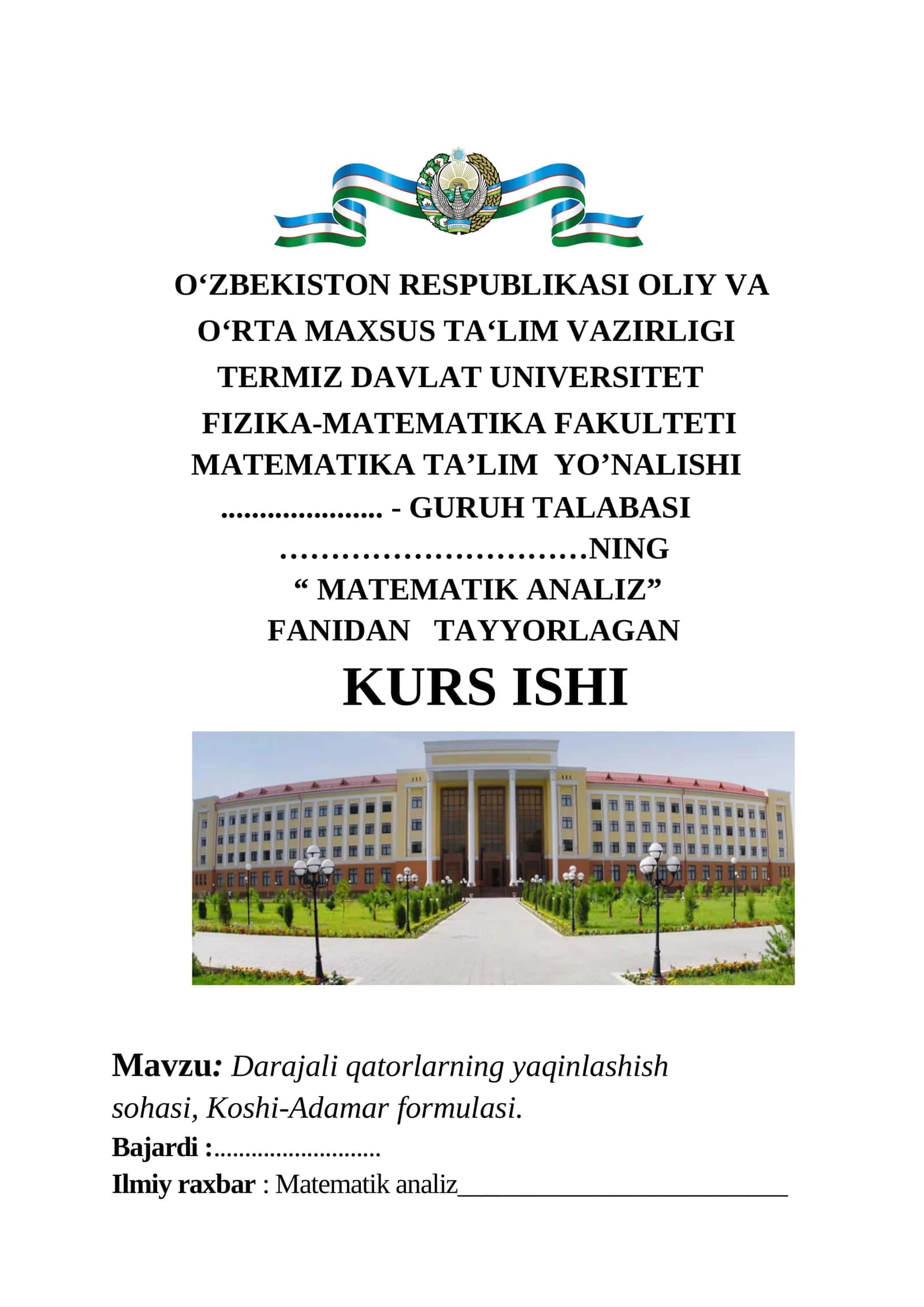 Darajali qatorlarni yaqinlashish sohasi Koshi-Adamar formulasi 1
