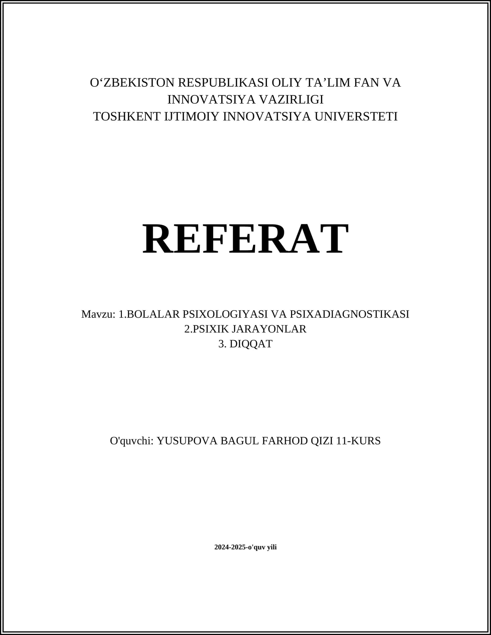 BOLALAR PSIXOLOGIYASI VA PSIXADIAGNOSTIKASI 1